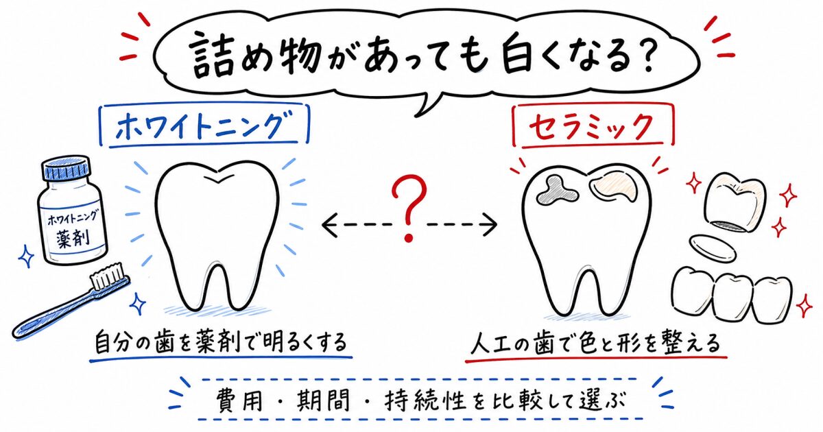 詰め物があっても白くなる?セラミックとホワイトニングの違いと選び方