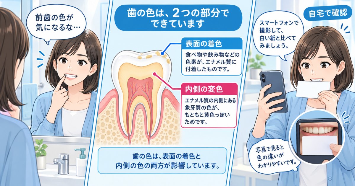 市販ケアで変わらない歯の黄ばみ、着色か内部変色か自宅で判定